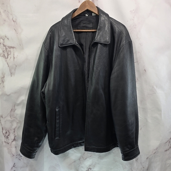 Saville Row Leather Jacket Mens XXL 2XL 80s 90s Full Zip Vintage Harrington Long